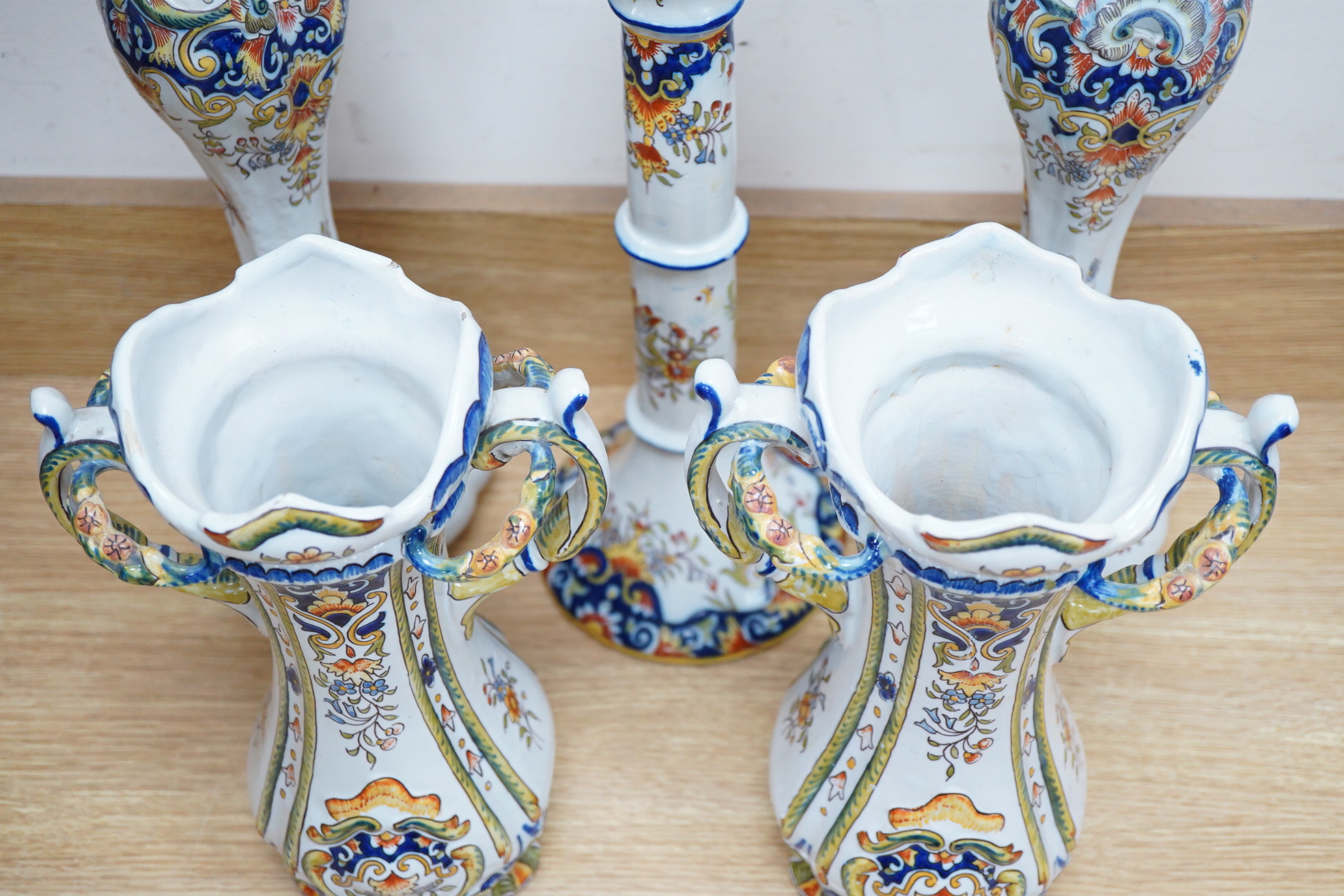 Three pairs of 19th century French faience vases, octagonal raven tray etc